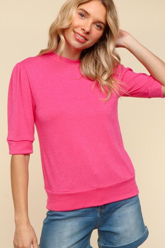 Haptics Tied Back Mock Neck Half Sleeve Knit Top - S. M. & Co.