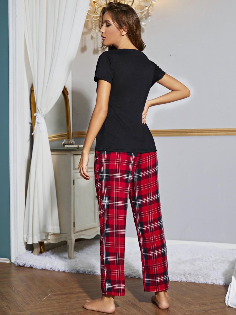 Heart Graphic V - Neck Top and Plaid Pants Lounge Set - S. M. & Co.