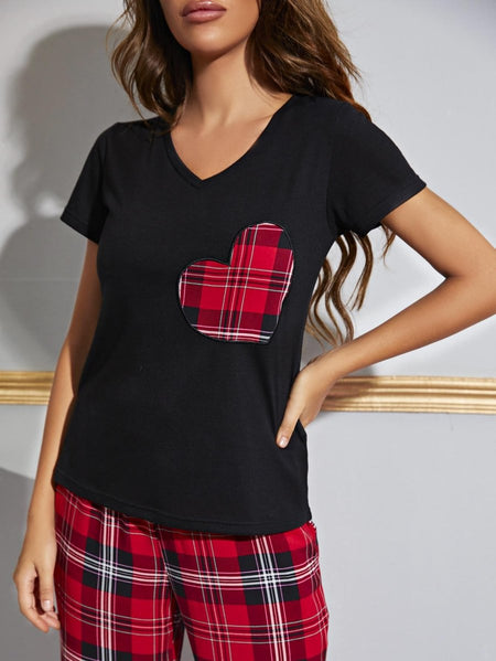 Heart Graphic V - Neck Top and Plaid Pants Lounge Set - S. M. & Co.