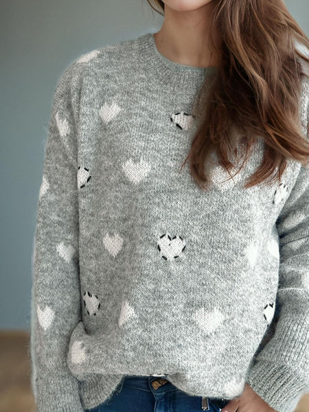 Heart Round Neck Long Sleeve Sweater - S. M. & Co.