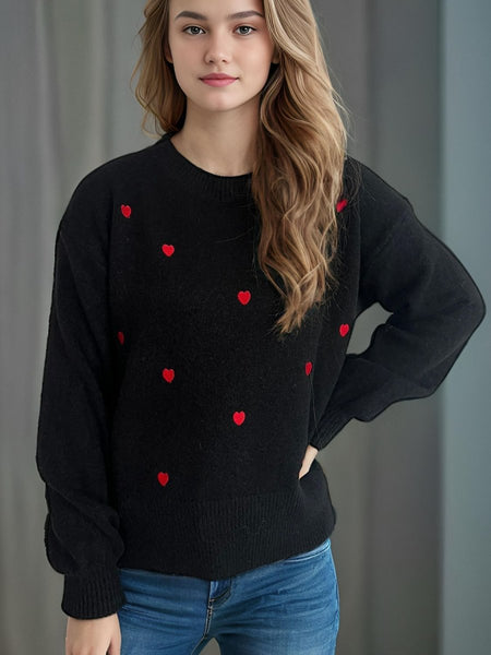 Heart Round Neck Long Sleeve Sweater - S. M. & Co.