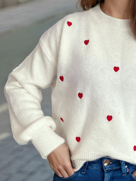 Heart Round Neck Long Sleeve Sweater - S. M. & Co.