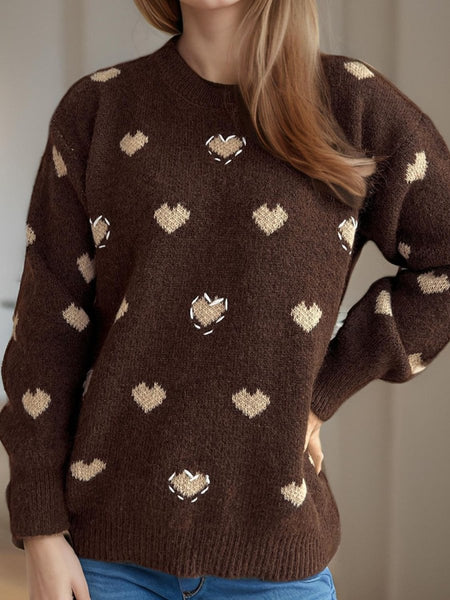 Heart Round Neck Long Sleeve Sweater - S. M. & Co.