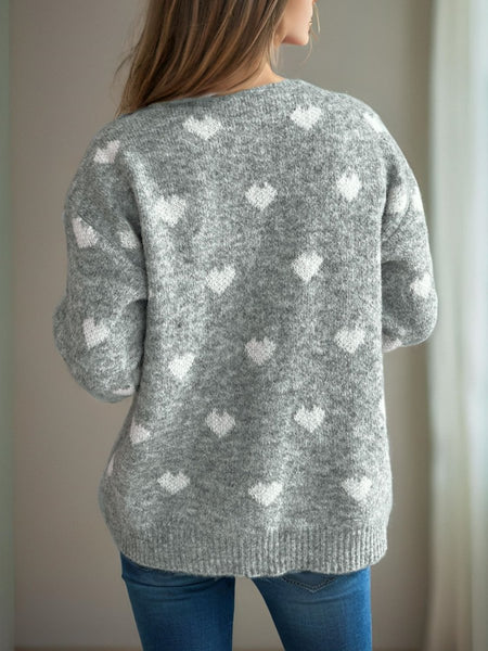 Heart Round Neck Long Sleeve Sweater - S. M. & Co.