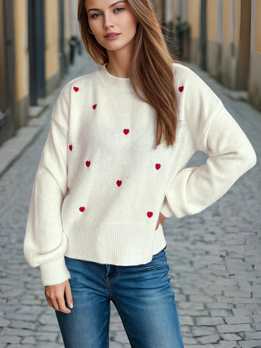 Heart Round Neck Long Sleeve Sweater - S. M. & Co.