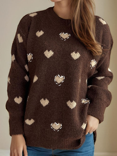 Heart Round Neck Long Sleeve Sweater - S. M. & Co.