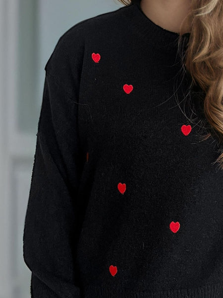 Heart Round Neck Long Sleeve Sweater - S. M. & Co.