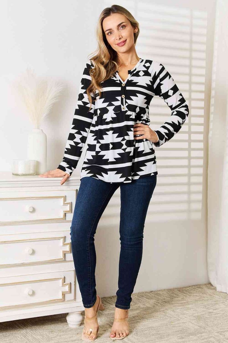 Heimish Full Size Geometric Notched Neck Long Sleeve Top - S. M. & Co.