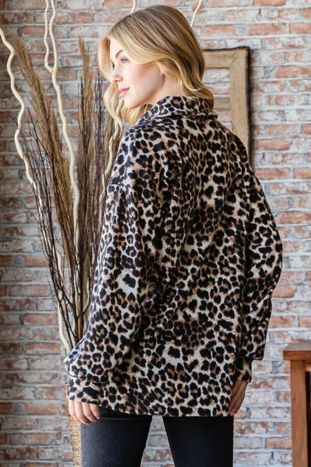 Heimish Full Size Leopard Johnny Collar Long Sleeve Top - S. M. & Co. Shirts & Tops