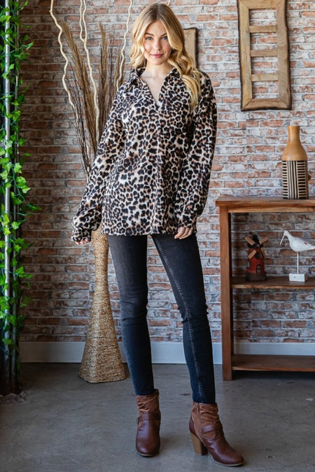 Heimish Full Size Leopard Johnny Collar Long Sleeve Top - S. M. & Co. Shirts & Tops