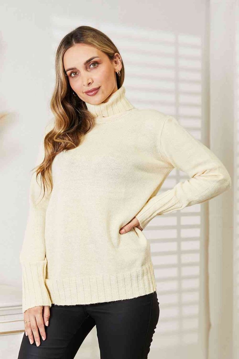 Heimish Full Size Long Sleeve Turtleneck Sweater with Side Slit - S. M. & Co.