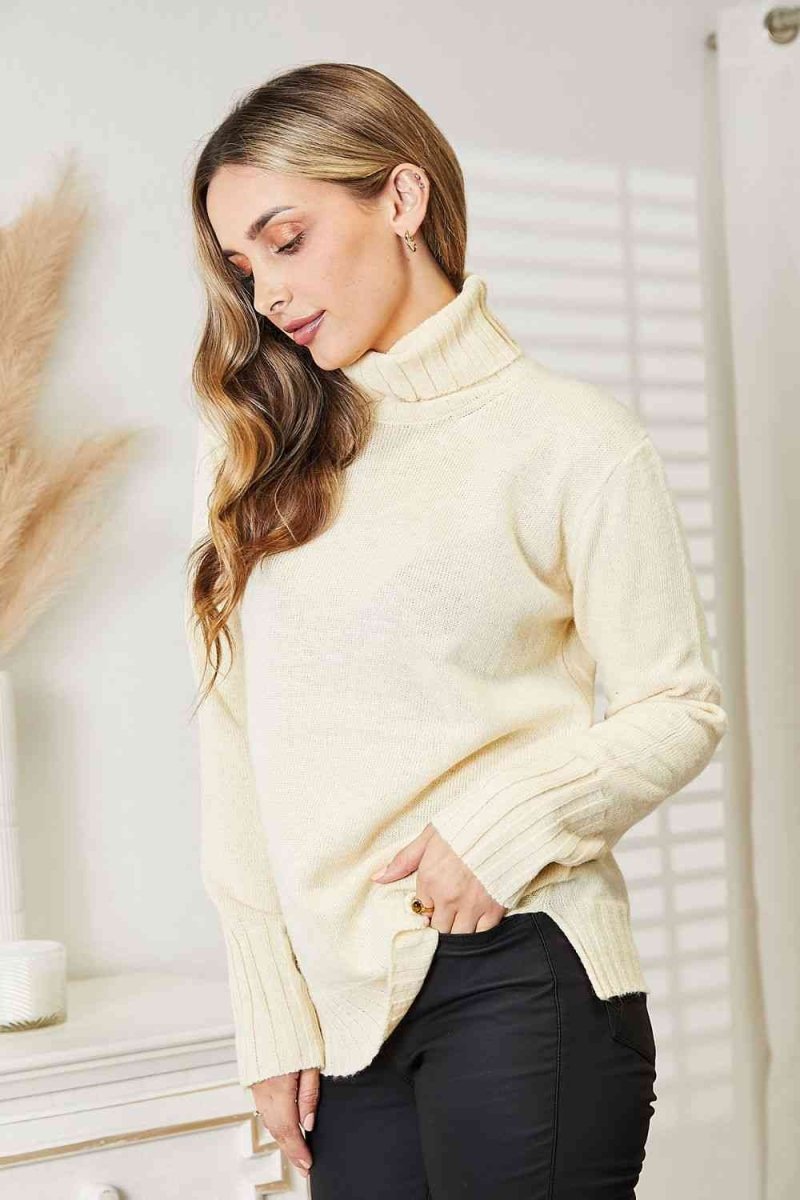 Heimish Full Size Long Sleeve Turtleneck Sweater with Side Slit - S. M. & Co.
