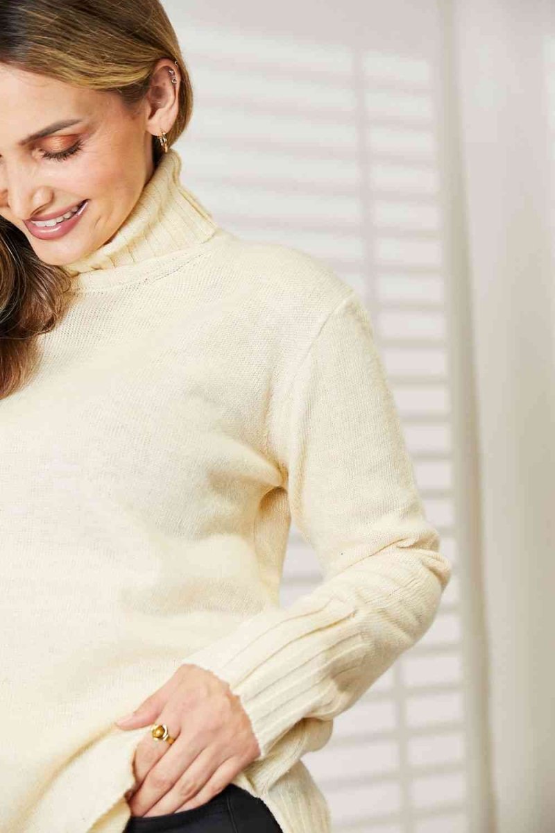 Heimish Full Size Long Sleeve Turtleneck Sweater with Side Slit - S. M. & Co.