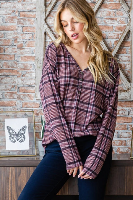 Heimish Full Size Plaid V-Neck Long Sleeve Top - S. M. & Co. Shirts & Tops