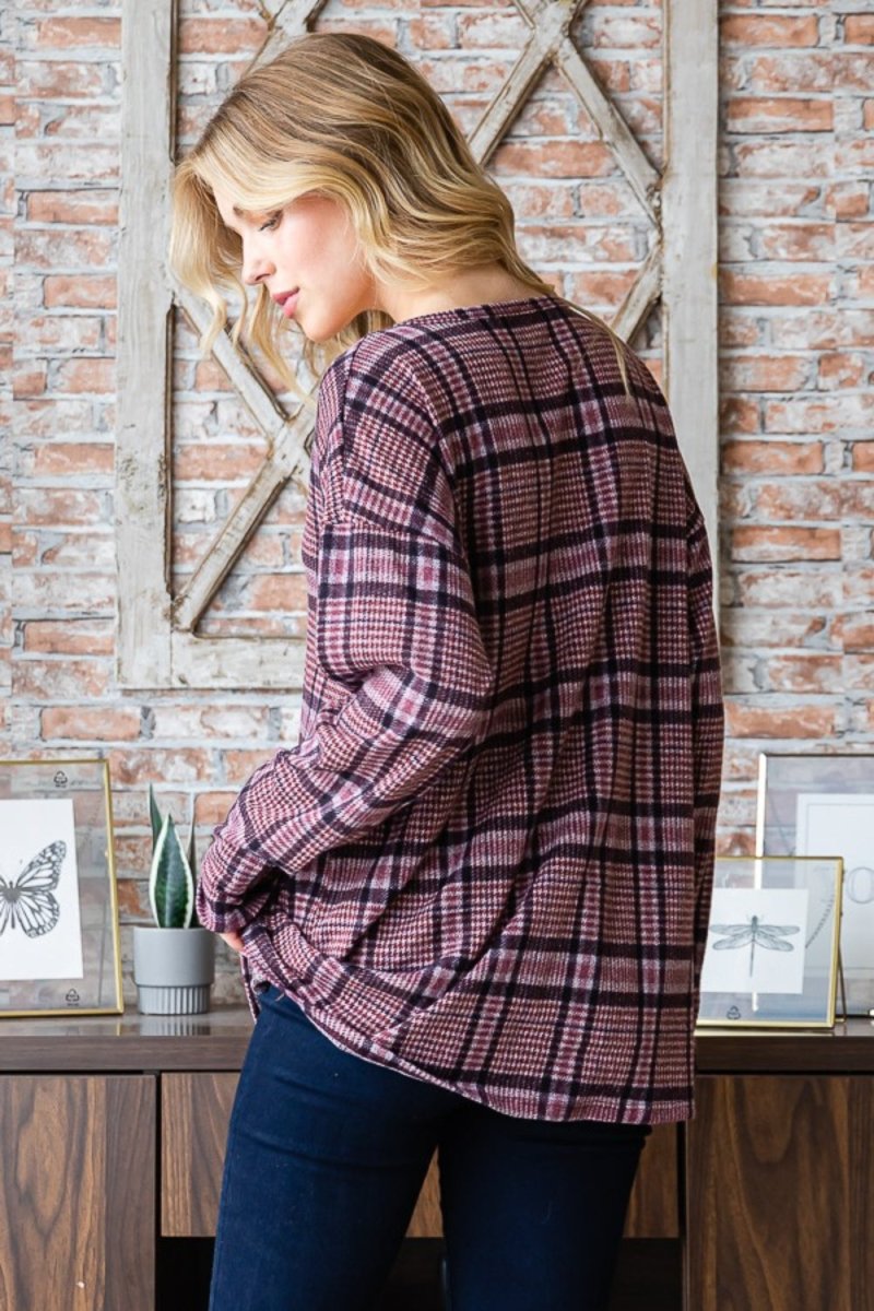 Heimish Full Size Plaid V-Neck Long Sleeve Top - S. M. & Co. Shirts & Tops