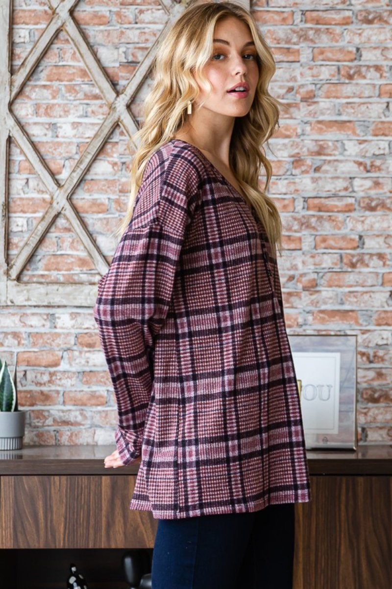 Heimish Full Size Plaid V-Neck Long Sleeve Top - S. M. & Co. Shirts & Tops