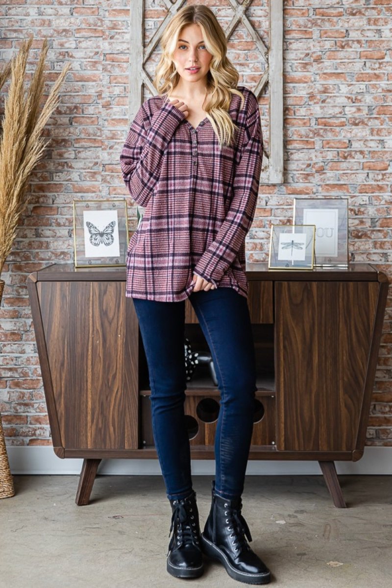 Heimish Full Size Plaid V-Neck Long Sleeve Top - S. M. & Co. Shirts & Tops