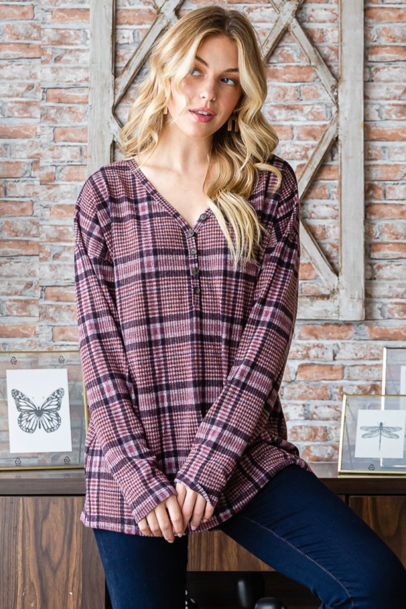 Heimish Full Size Plaid V-Neck Long Sleeve Top - S. M. & Co. Shirts & Tops