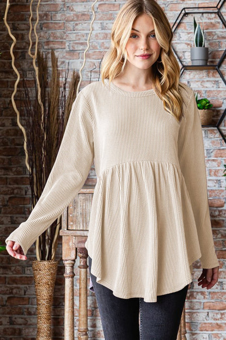 Heimish Full Size Round Neck Long Sleeve Ribbed Babydoll Top - S. M. & Co.