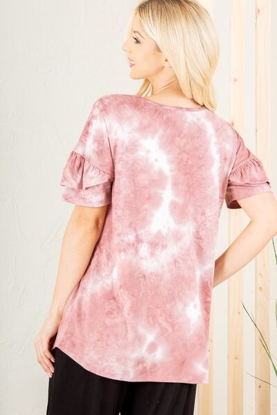 Heimish Full Size Ruffled Sleeve Tie Dye Top Plus Size - S. M. & Co.