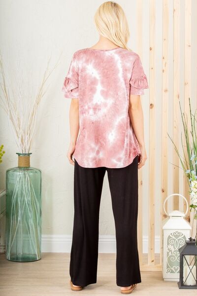 Heimish Full Size Ruffled Sleeve Tie Dye Top Plus Size - S. M. & Co.