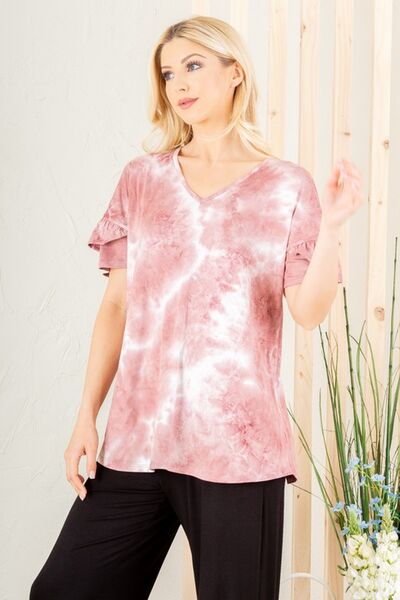 Heimish Full Size Ruffled Sleeve Tie Dye Top Plus Size - S. M. & Co.