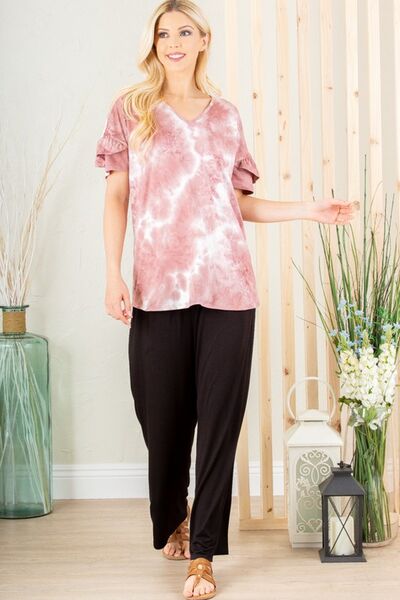 Heimish Full Size Ruffled Sleeve Tie Dye Top Plus Size - S. M. & Co.