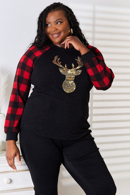 Heimish Full Size Sequin Reindeer Graphic Plaid Top - S. M. & Co.