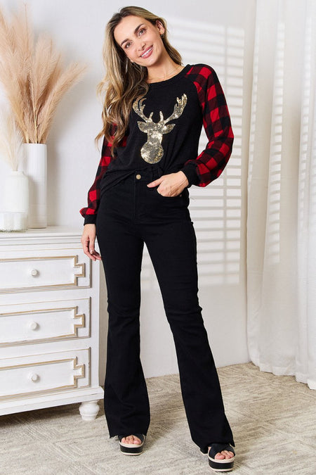 Heimish Full Size Sequin Reindeer Graphic Plaid Top - S. M. & Co.