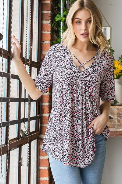 Heimish Full Size Short Sleeve Crisscross Animal Babydoll Top Plus Size - S. M. & Co.