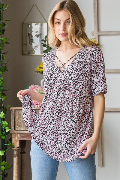 Heimish Full Size Short Sleeve Crisscross Animal Babydoll Top Plus Size - S. M. & Co.