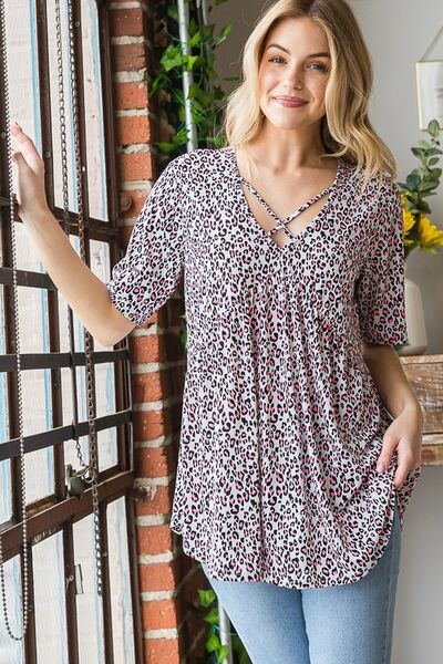 Heimish Full Size Short Sleeve Crisscross Animal Babydoll Top Plus Size - S. M. & Co.