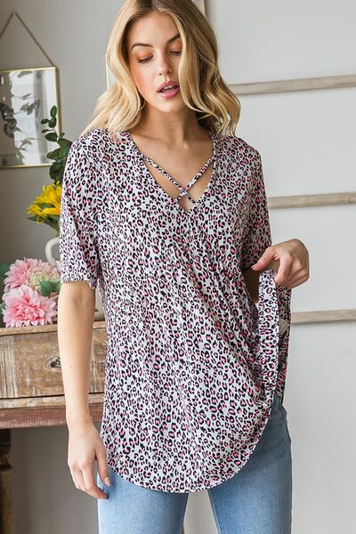 Heimish Full Size Short Sleeve Crisscross Animal Babydoll Top Plus Size - S. M. & Co.