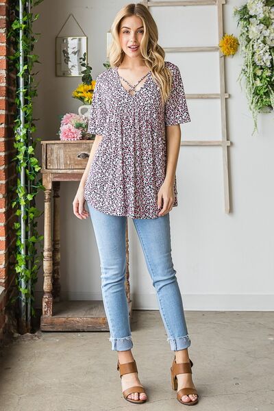 Heimish Full Size Short Sleeve Crisscross Animal Babydoll Top Plus Size - S. M. & Co.