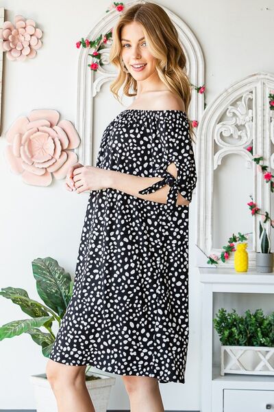 Heimish Full Size Short Sleeve Off Shoulder Animal Mini Dress Plus Size - S. M. & Co.