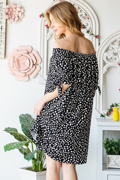 Heimish Full Size Short Sleeve Off Shoulder Animal Mini Dress Plus Size - S. M. & Co.