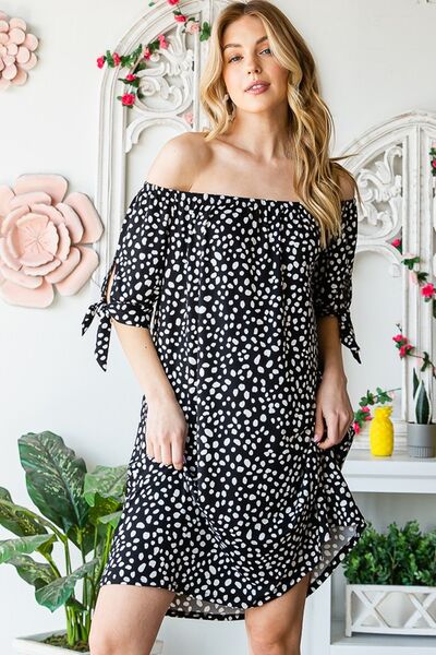 Heimish Full Size Short Sleeve Off Shoulder Animal Mini Dress Plus Size - S. M. & Co.