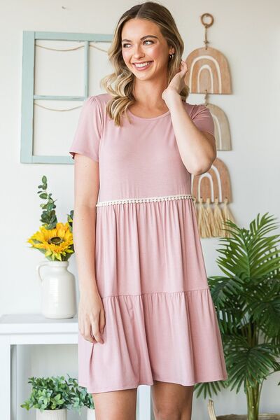 Heimish Full Size Solid Mini Tiered Dress with Pompom Lace Plus Size - S. M. & Co.