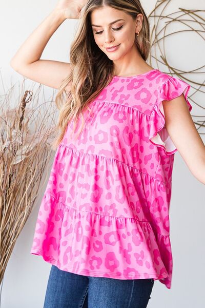 Heimish Full Size Tiered Leopard Round Neck Blouse with Ruffled Detail Plus Size - S. M. & Co.