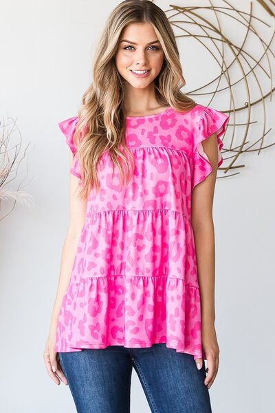 Heimish Full Size Tiered Leopard Round Neck Blouse with Ruffled Detail Plus Size - S. M. & Co.