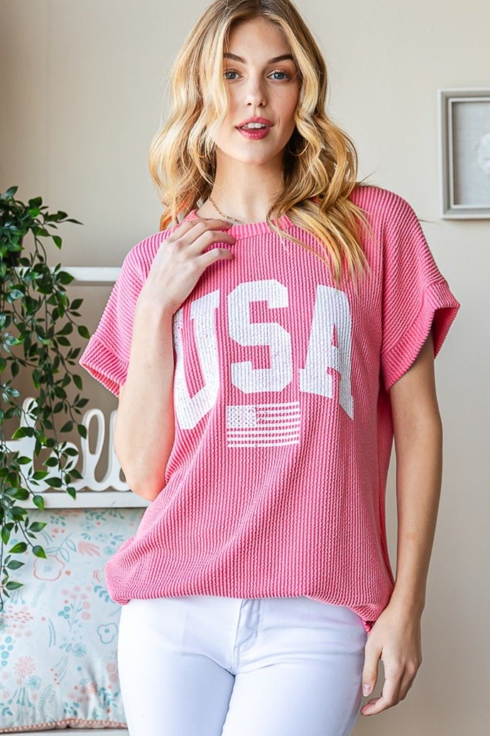 Heimish Full Size USA Graphic Short Sleeve Ribbed Top - S. M. & Co.