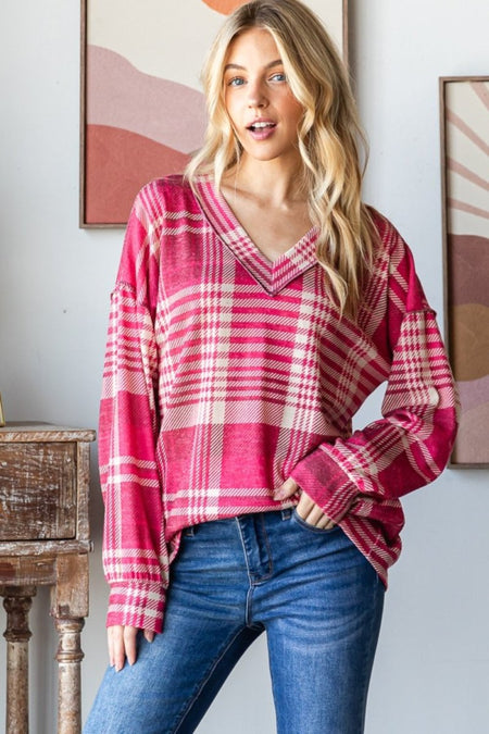 Heimish Plaid Drop Shoulder V - Neck T-Shirt - S. M. & Co.