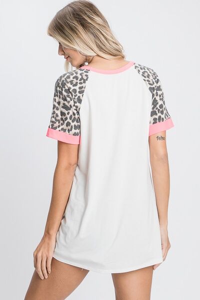 HeimishFull Size Leopard Round Neck Short Sleeve T-Shirt with Stitch Plus Size - S. M. & Co.