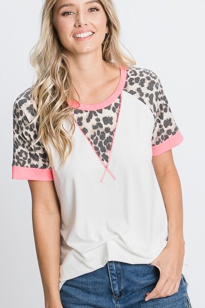 HeimishFull Size Leopard Round Neck Short Sleeve T-Shirt with Stitch Plus Size - S. M. & Co.
