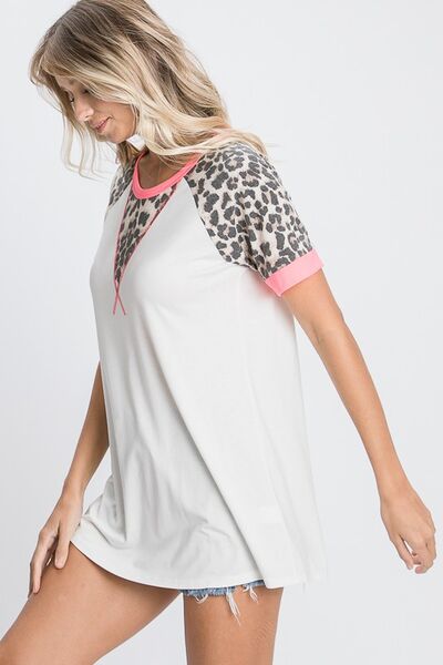 HeimishFull Size Leopard Round Neck Short Sleeve T-Shirt with Stitch Plus Size - S. M. & Co.