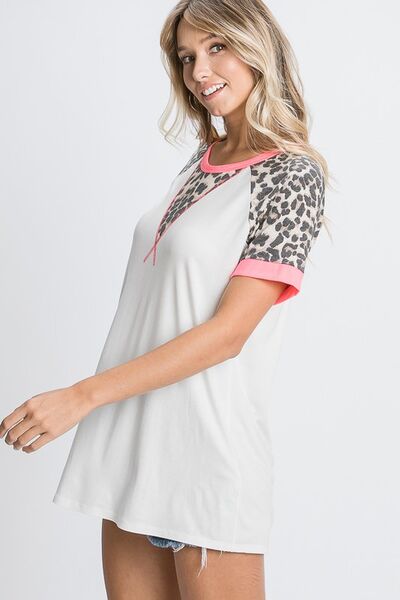 HeimishFull Size Leopard Round Neck Short Sleeve T-Shirt with Stitch Plus Size - S. M. & Co.
