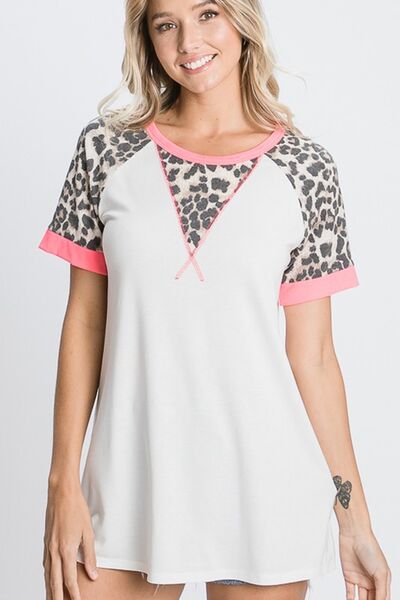 HeimishFull Size Leopard Round Neck Short Sleeve T-Shirt with Stitch Plus Size - S. M. & Co.