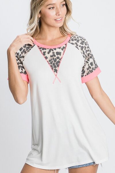 HeimishFull Size Leopard Round Neck Short Sleeve T-Shirt with Stitch Plus Size - S. M. & Co.