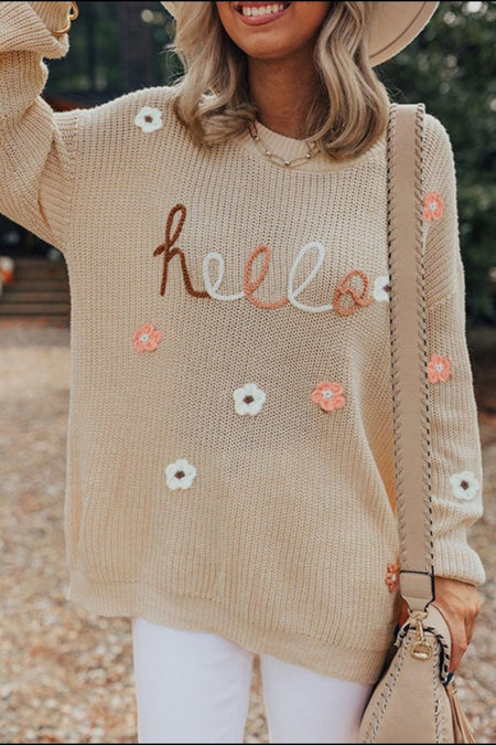 HELLO Flower Round Neck Long Sleeve Sweater - S. M. & Co.