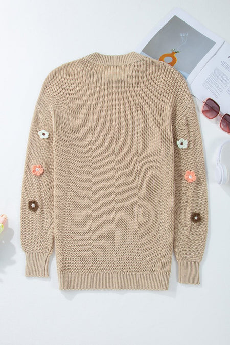 HELLO Flower Round Neck Long Sleeve Sweater - S. M. & Co.